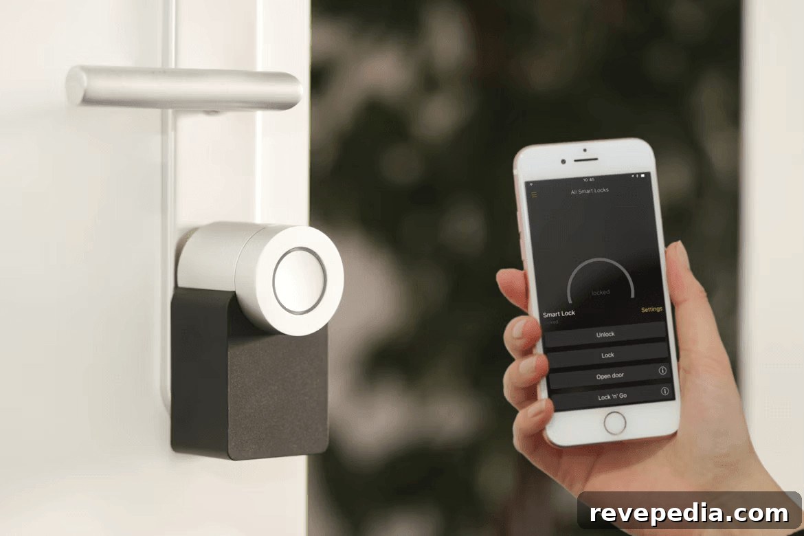 Person holding smartphone by door, preparing home