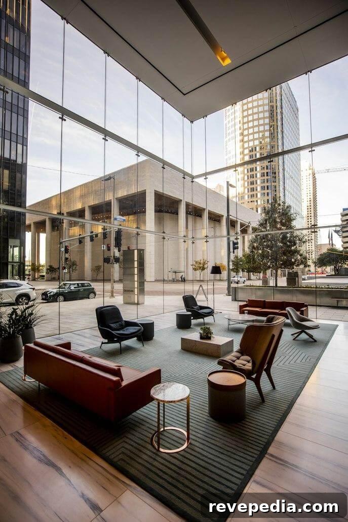 Biophilic living room with large windows and comfortable furniture