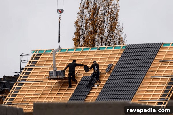 Two men repairing a roof