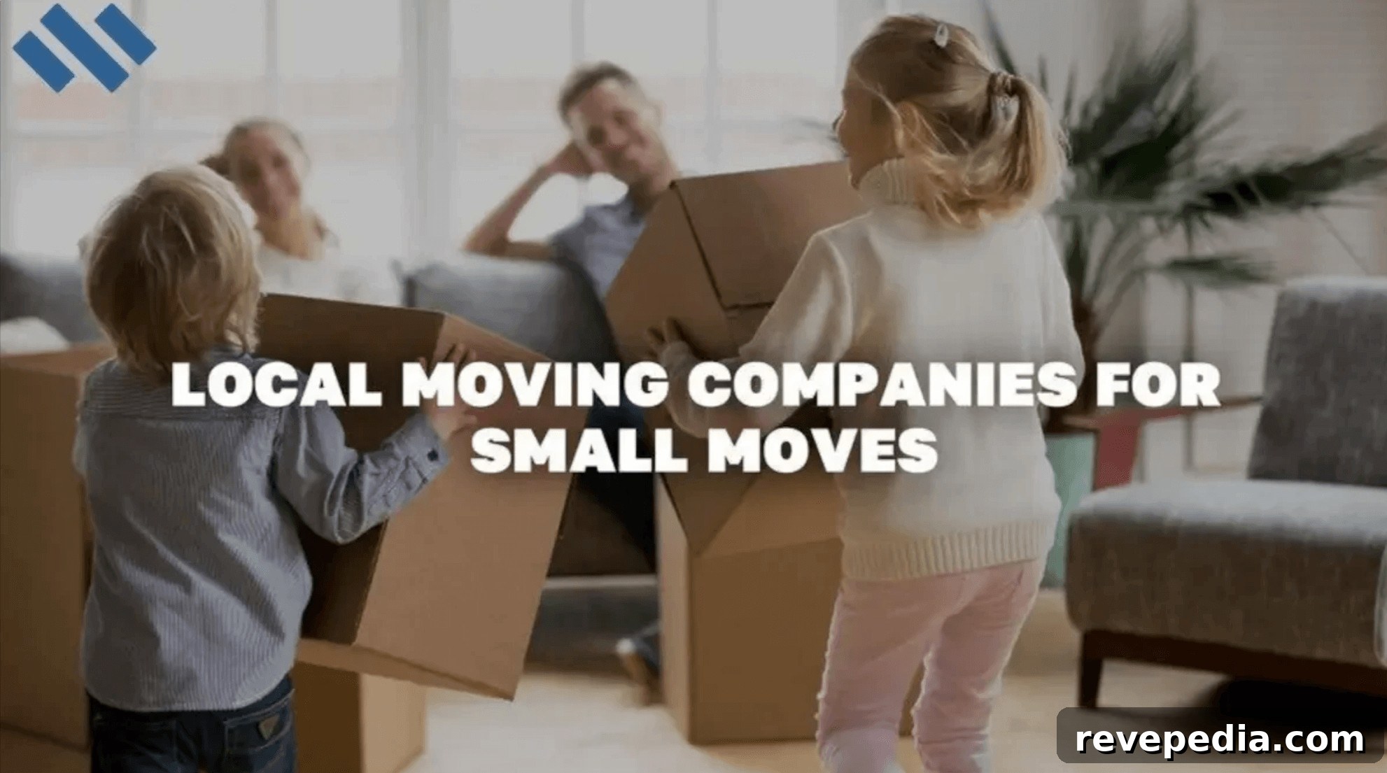 Woman and child moving boxes in a living room