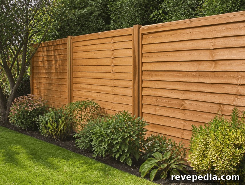 Wooden garden fence in a lush garden